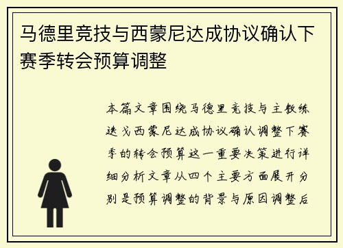 马德里竞技与西蒙尼达成协议确认下赛季转会预算调整