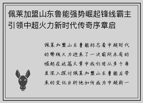 佩莱加盟山东鲁能强势崛起锋线霸主引领中超火力新时代传奇序章启